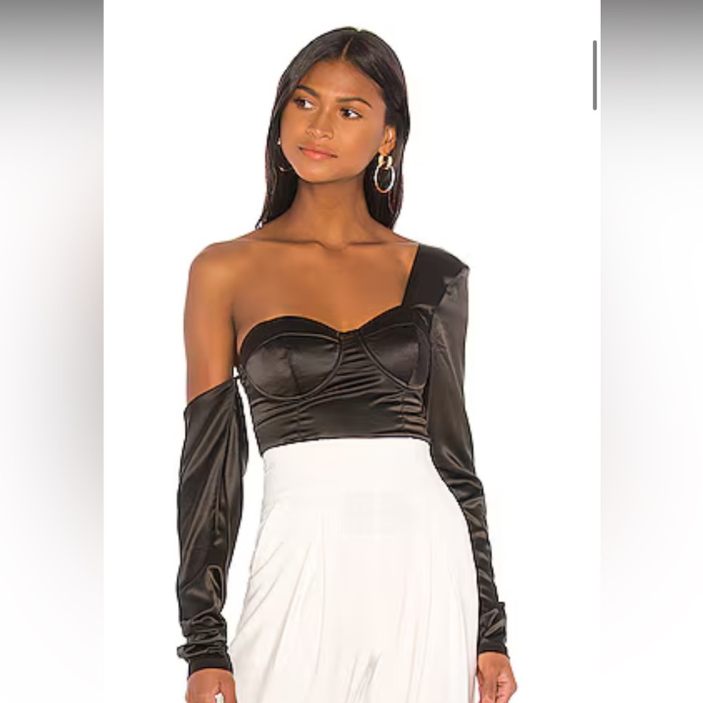 REVOLVE Black Satin One-Shoulder Crop Top